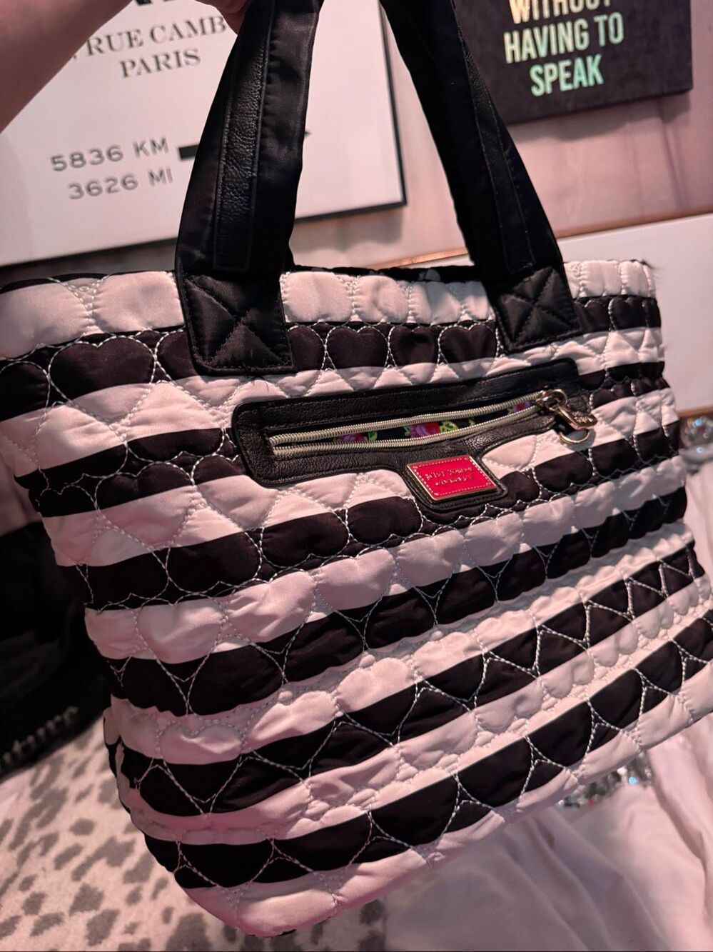 Betsey johnson contrast stripe /polka dot bbw black white fabric handbag tote